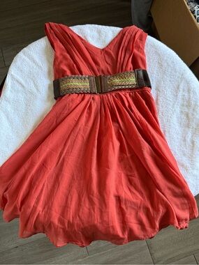 Rachael & Chloe Coral Red Sleeveless Dress with Braided Accent Belt